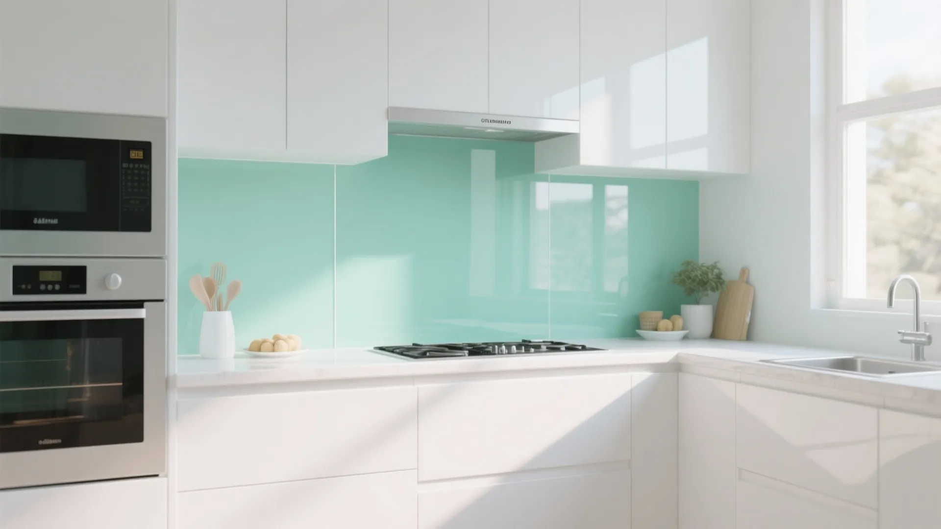 White kitchen with mint green back-painted acrylic splashback