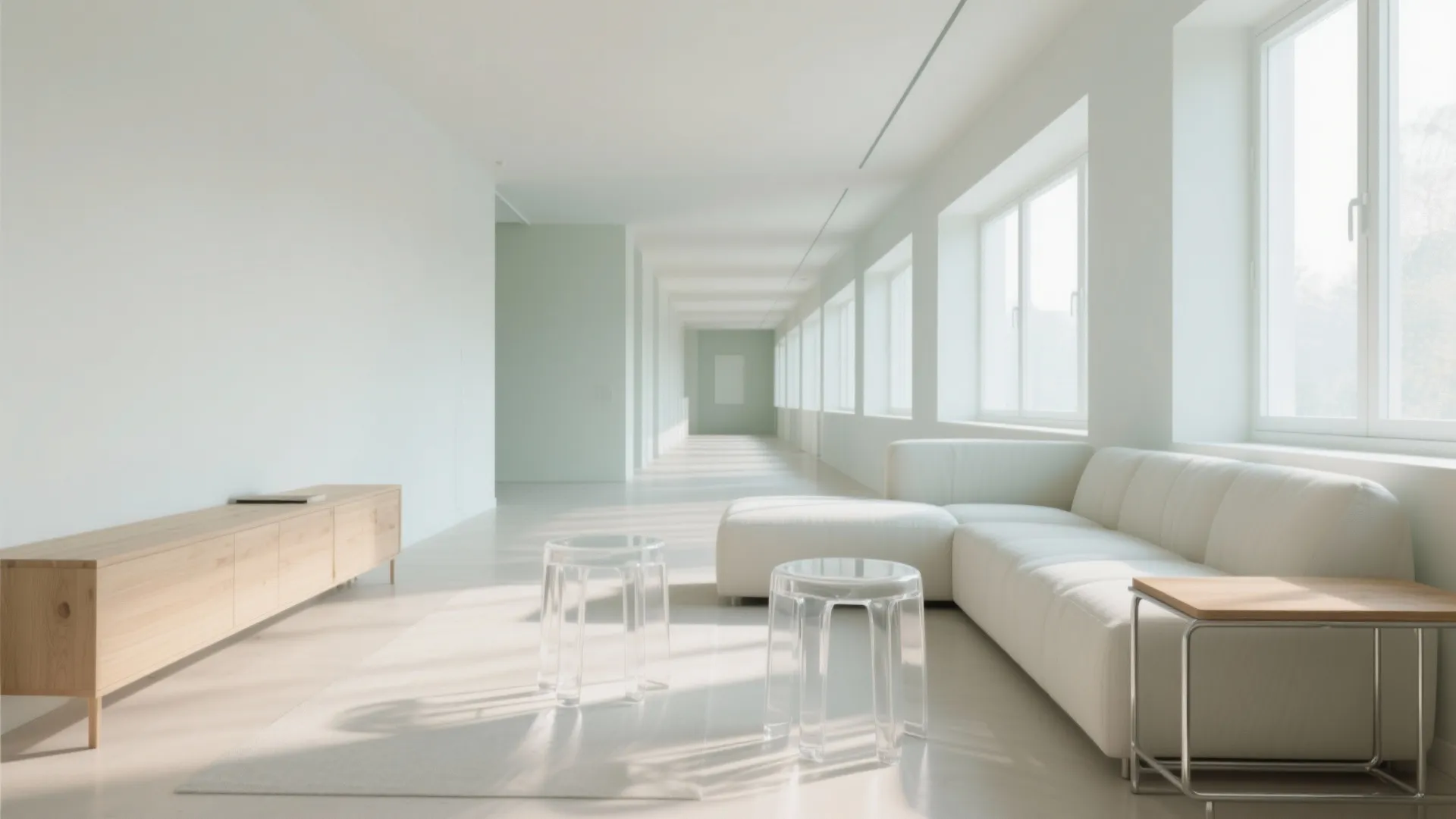 Bright white living room with a long sofa clear acrylic stools wooden cabinet and large windows