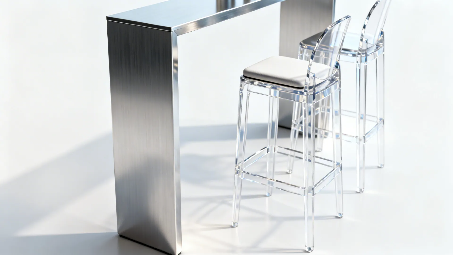 Modern brushed metal bar counter paired with two clear acrylic stools featuring white soft seat cushions