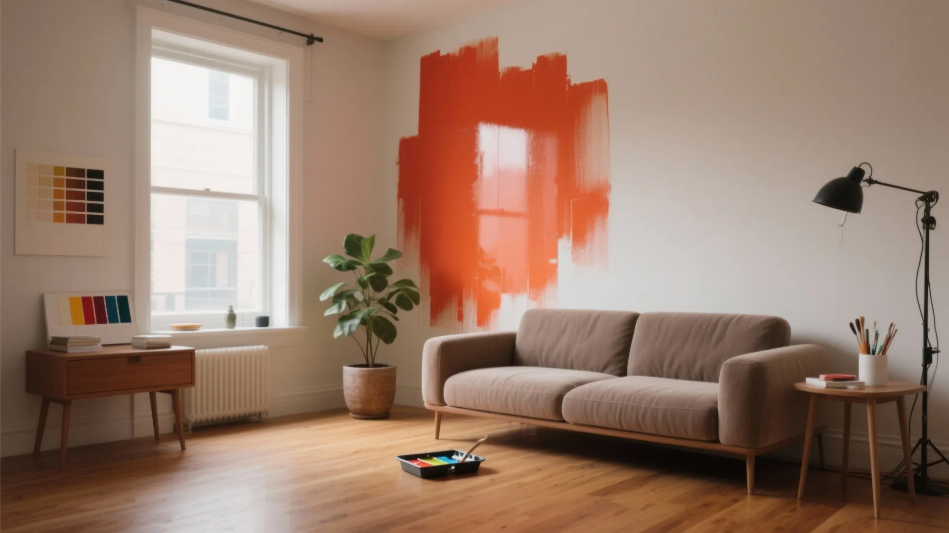 Living room with orange paint on white wall plus brown sofa and wooden floor design