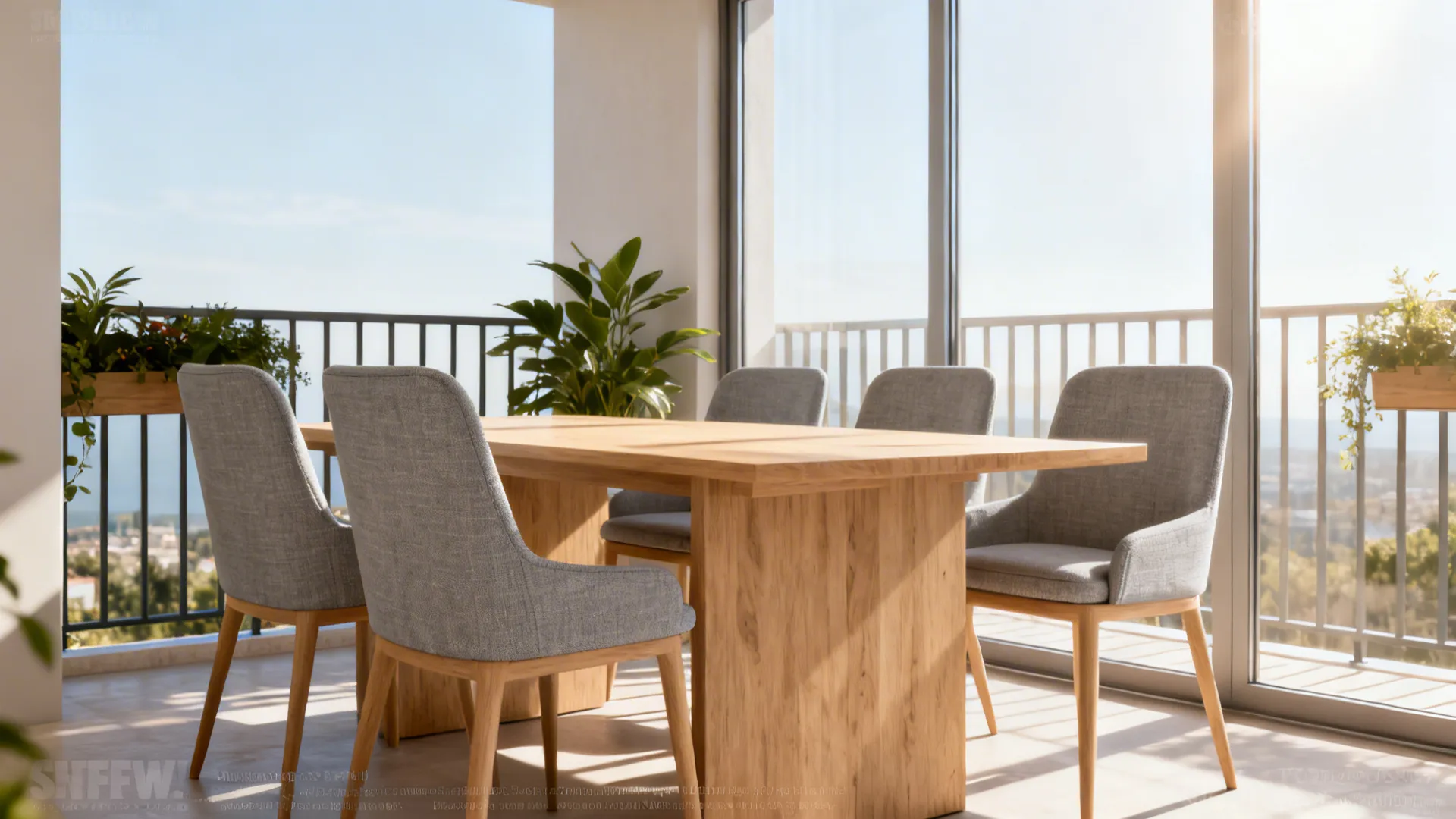 Sunlit dining room with solution-dyed acrylic gray heather chair upholstery near a balcony.