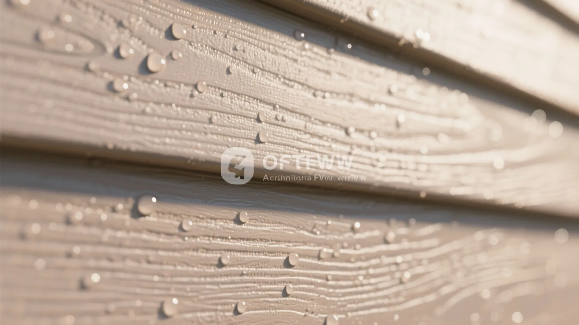 Close up view of water droplets on beige wood wall panels during a bright day