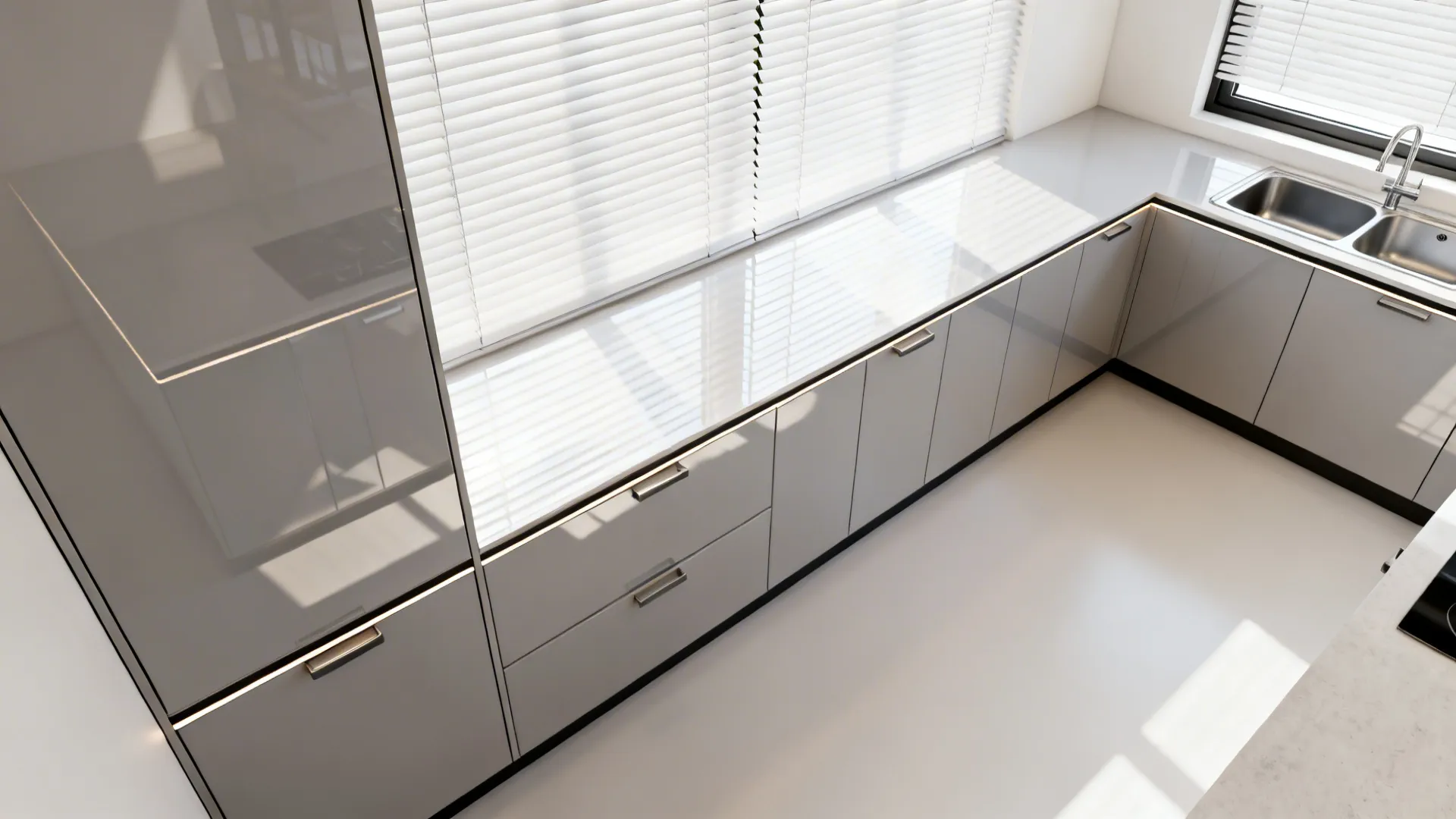 Top-down view showing push-to-open acrylic shutters with shadow gaps near light sources.