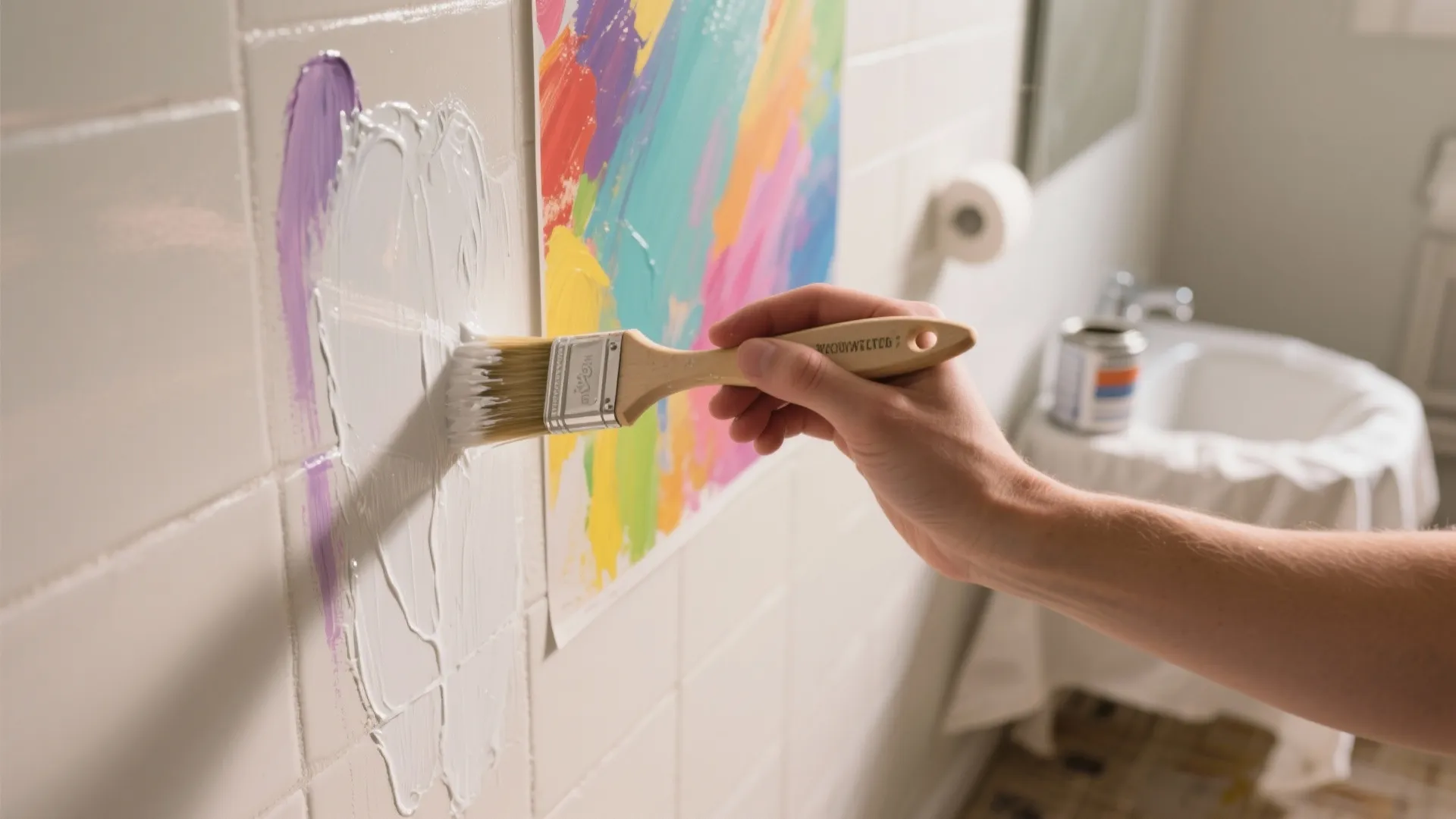 Hand holding a paintbrush applying white paint over colorful tiles in a modern bathroom setting