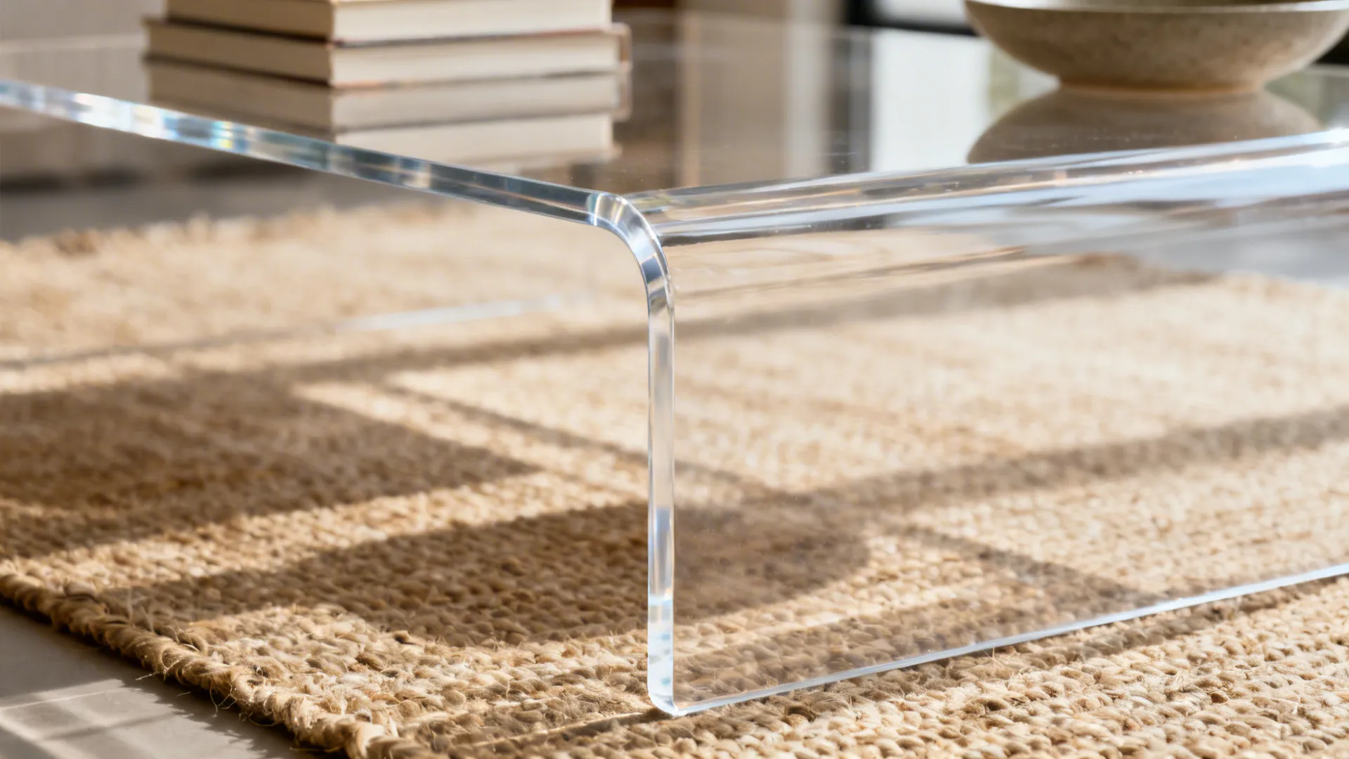Macro detail of a clear acrylic waterfall coffee table over a jute rug.