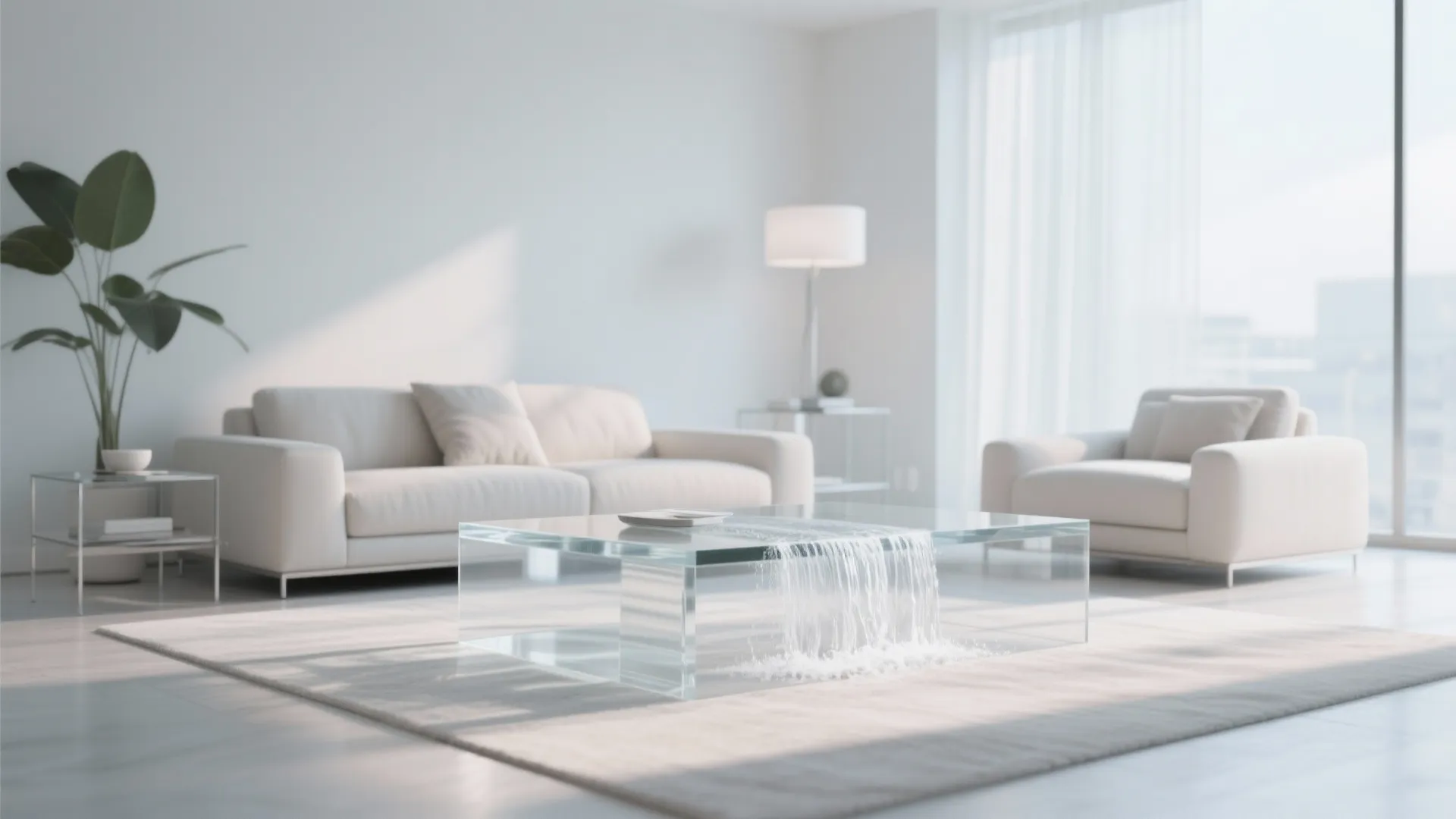 Bright room with an acrylic waterfall coffee table adding spaciousness