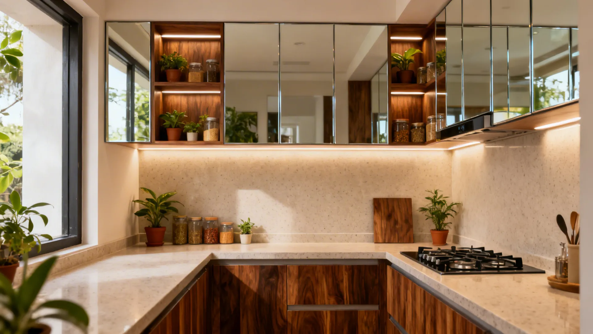 Glossy acrylic cabinets with warm walnut shelves and soft lighting in a compact kitchen.