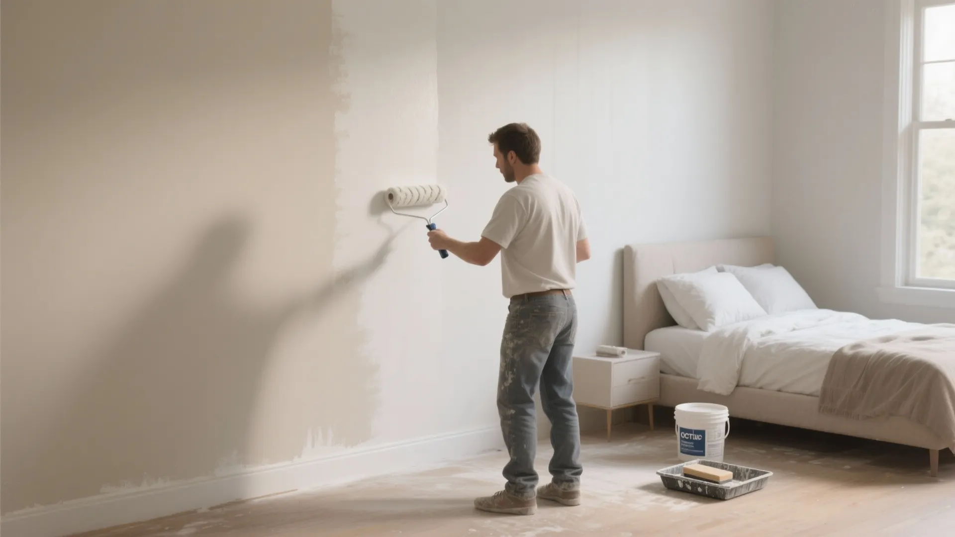 Man painting a bedroom wall with a roller tool next to a bed and window