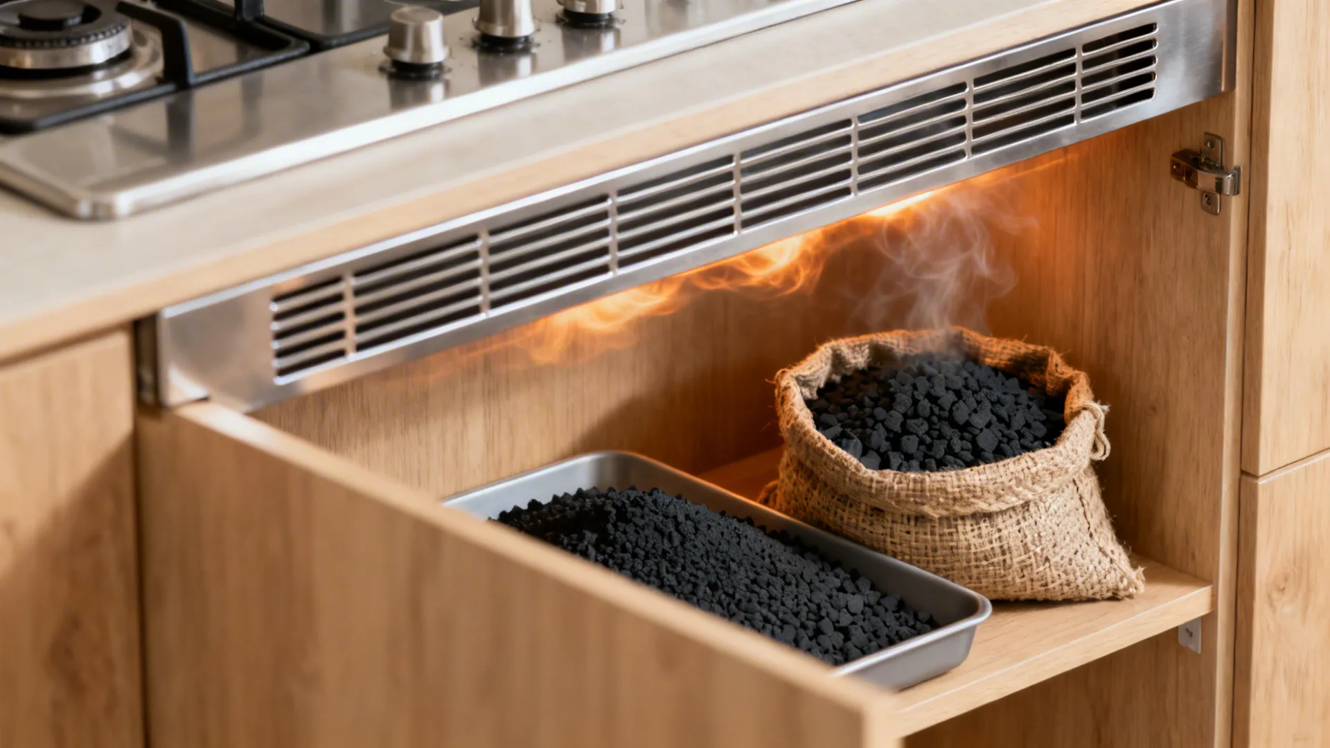 Kitchen cabinet drawer containing black charcoal pellets in a sack and tray under gas stove