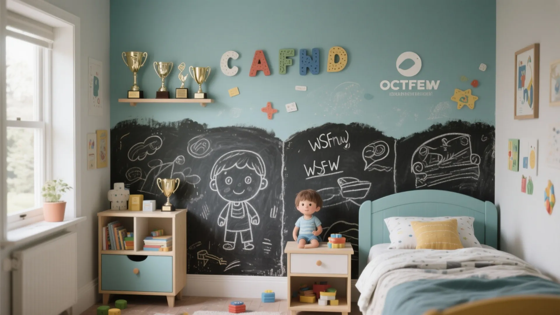 Children bedroom featuring a large chalkboard wall for drawing with blue bed and wooden cabinet