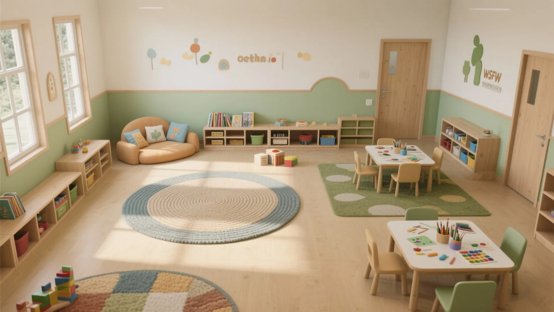 Spacious daycare activity room featuring circular rugs and wooden storage units with small tables and chairs