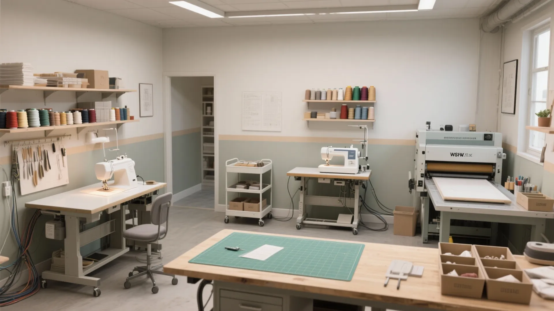 Spacious sewing room with organized craft supplies sewing machines work tables and professional fabric cutting tools