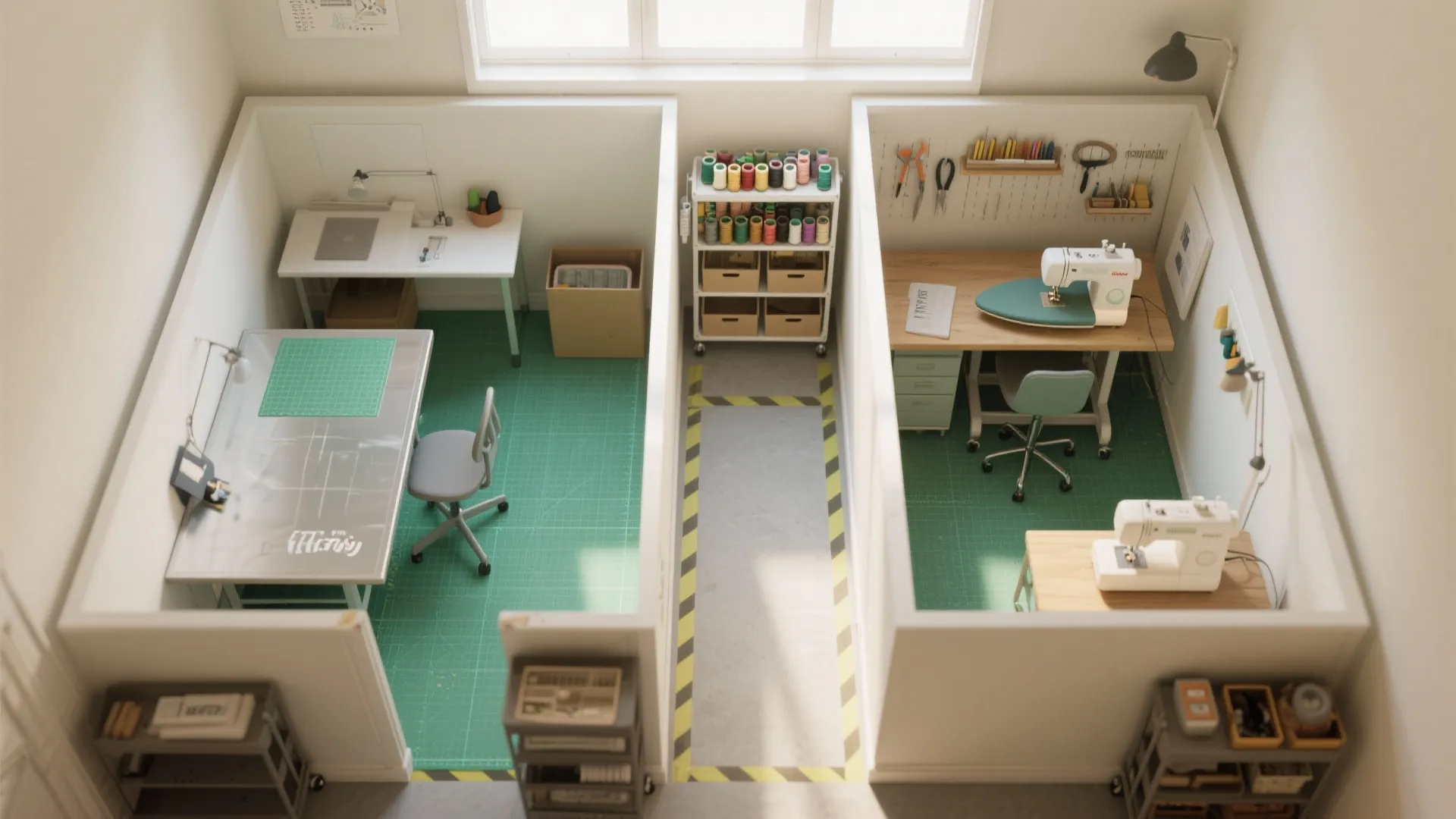 Top view of divided craft studio zones showing sewing area cutting table and organized storage units
