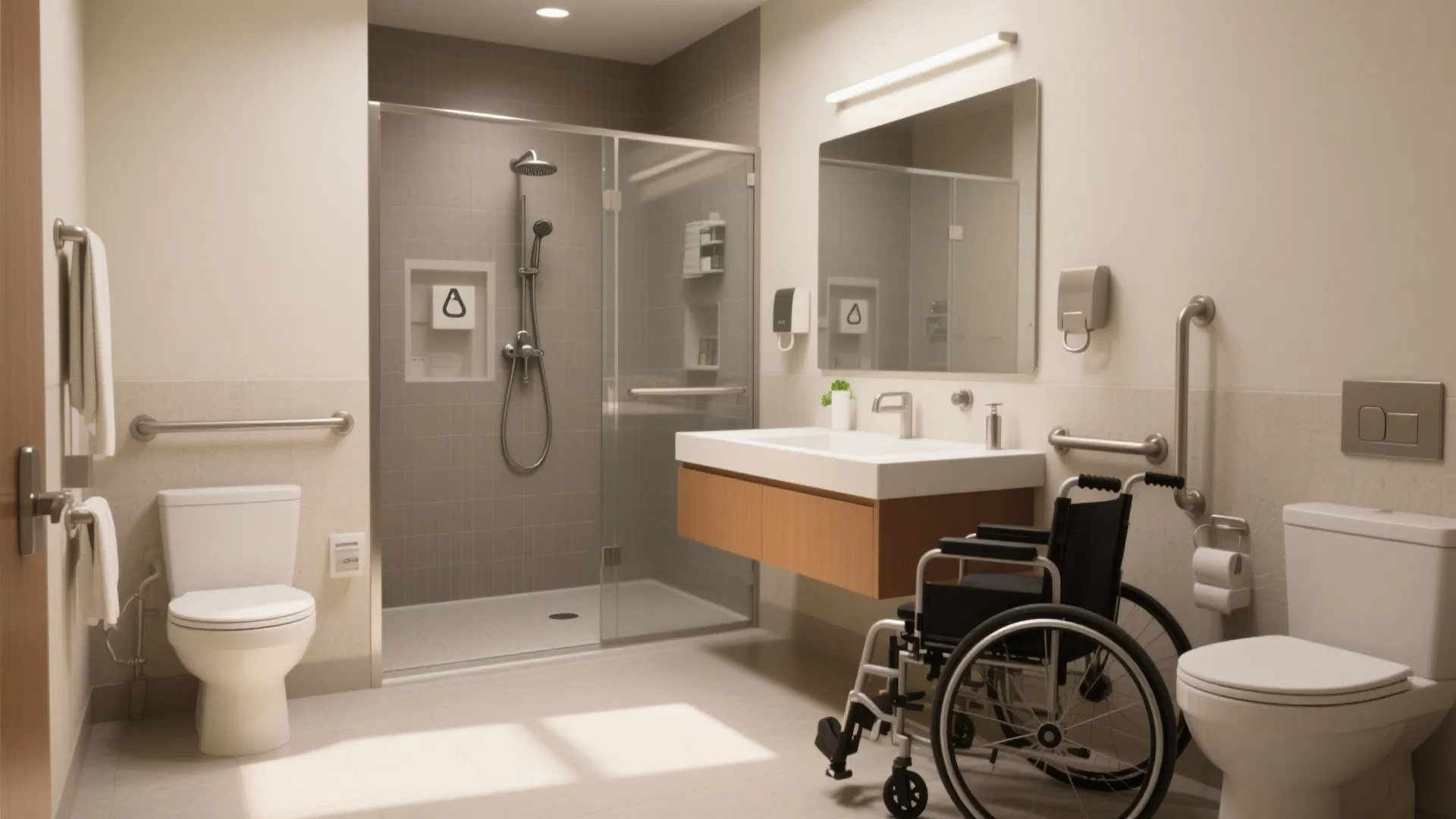 Modern accessible bathroom with metal safety grab bars next to toilet sink and glass shower