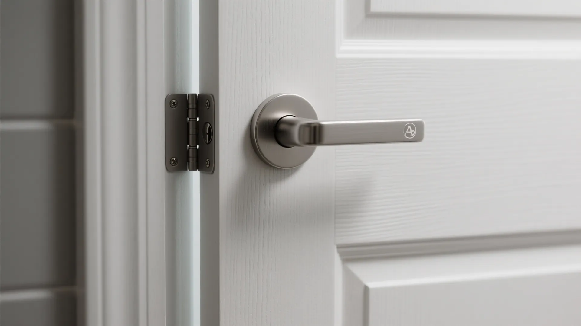 Macro view of lever handle, offset hinge, and low-profile threshold on an accessible bathroom door.