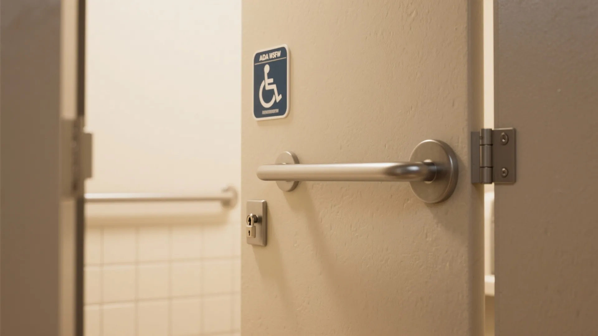 Accessible stall door with ADA-compliant lever lock and visible clearance for wheelchair access.