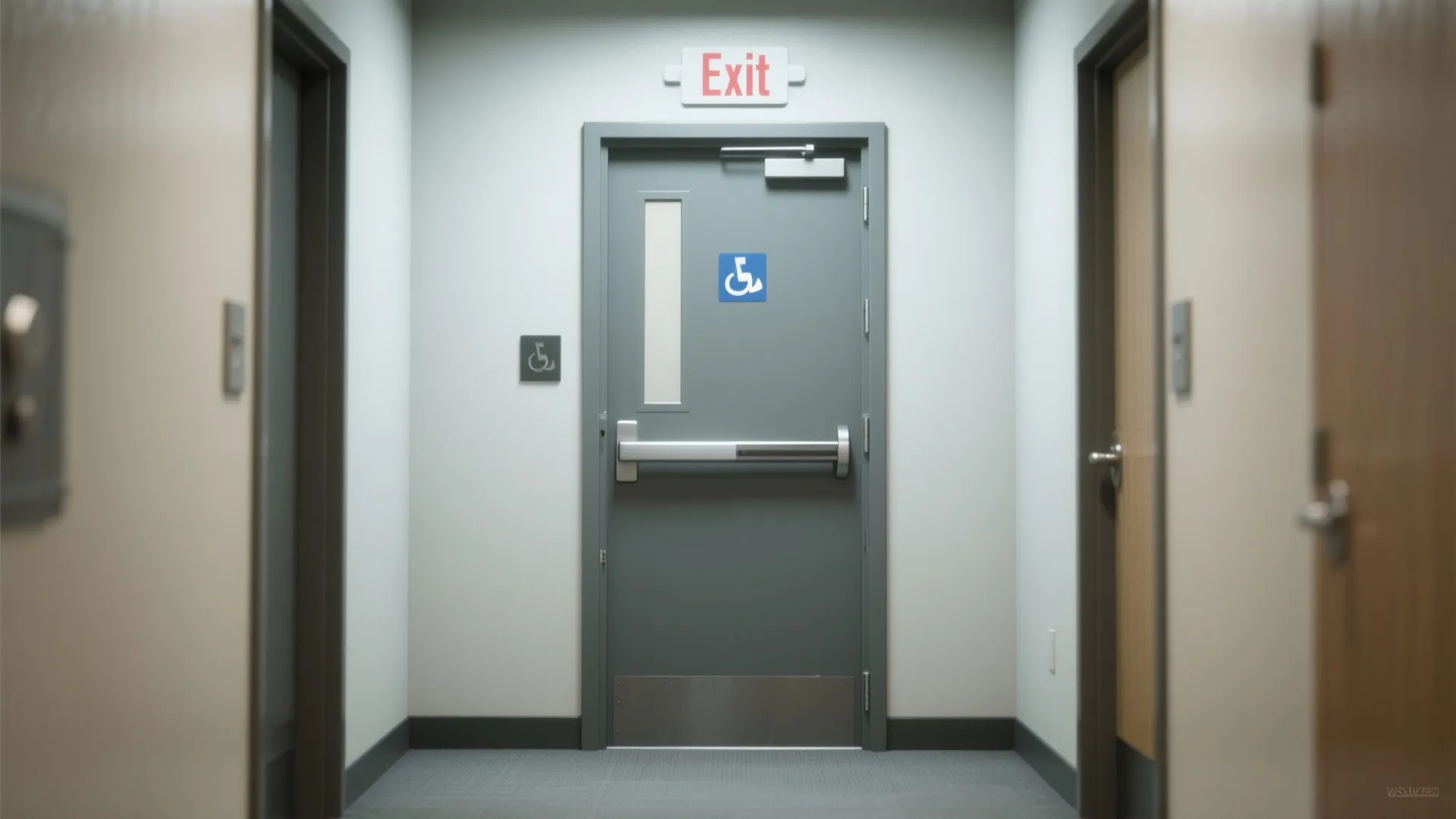 Grey metal emergency exit door with silver push bar and a blue accessible sign icon