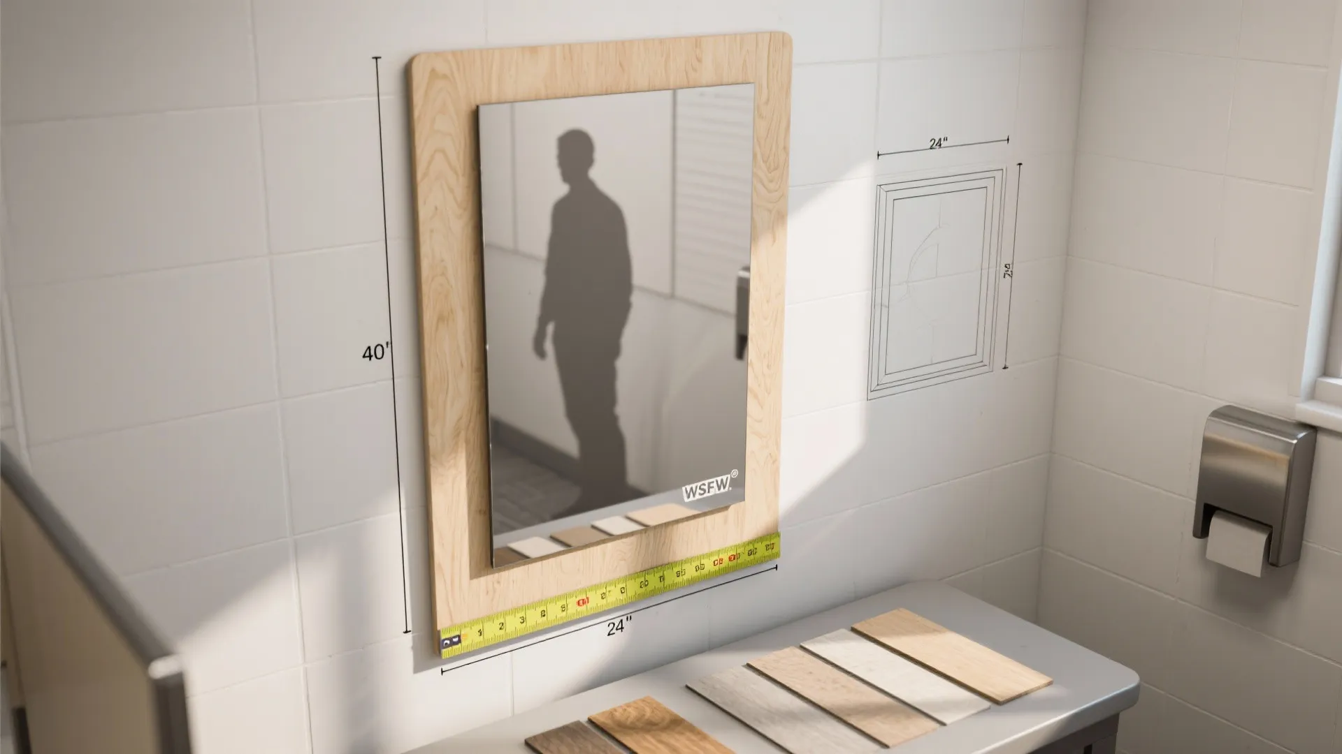 Bathroom wall mirror with height and width measurements, wooden frame, and yellow measuring tape below