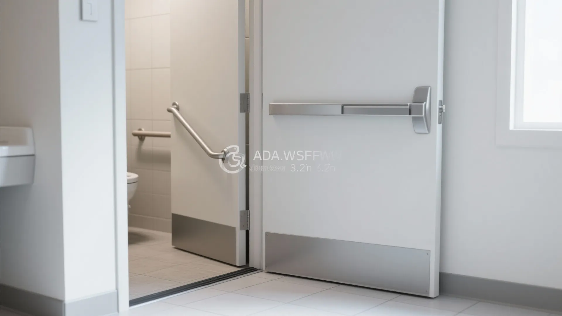 Accessible bathroom swing door with lever handle, wider clear opening, and flush threshold.