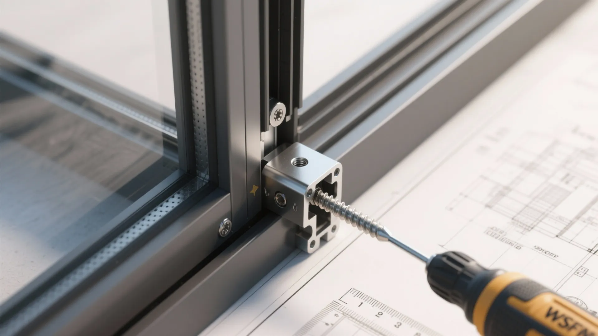 Electric screwdriver fixing a metal bracket onto a black window frame with a technical drawing