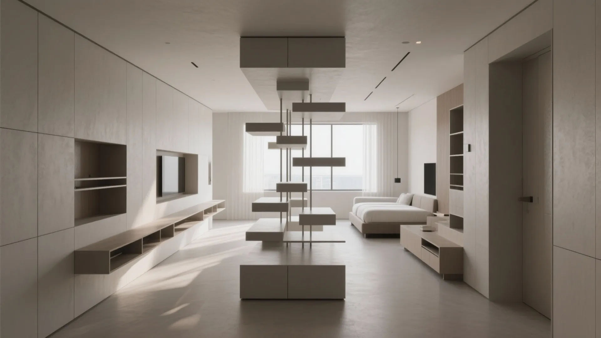 Modern minimal studio with neutral colors featuring built in cabinets and a creative room divider