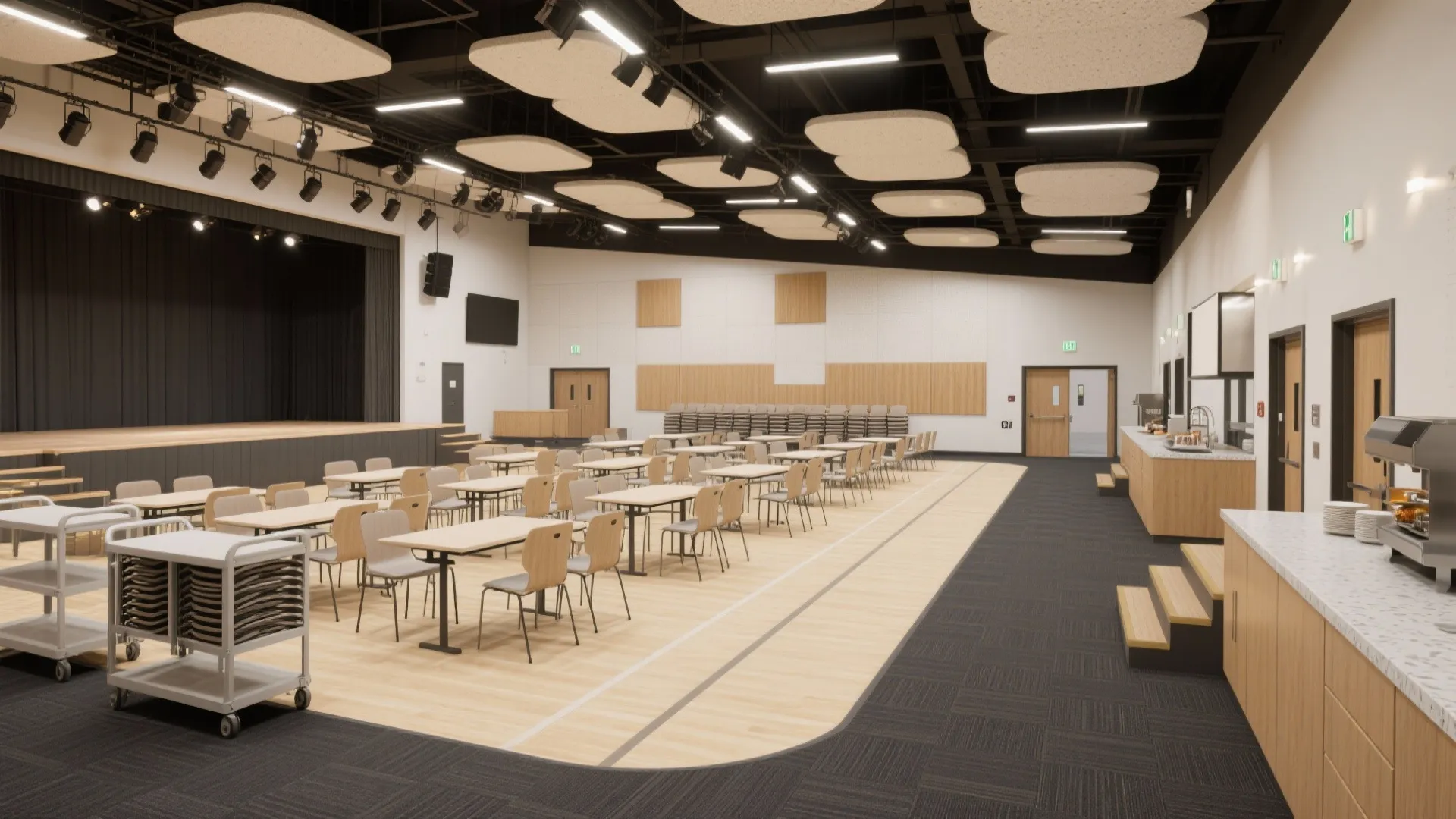Large hall with a stage many dining tables chairs wooden flooring and modern ceiling panels