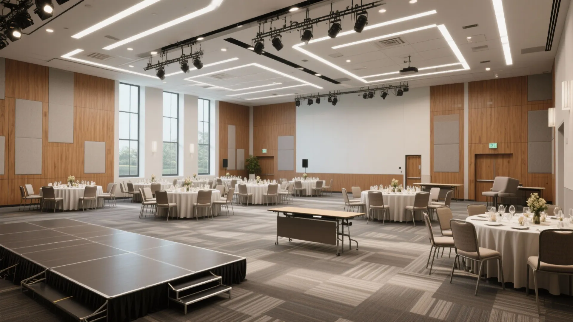 Large modern event hall with banquet tables round chairs wooden wall panels and a small stage