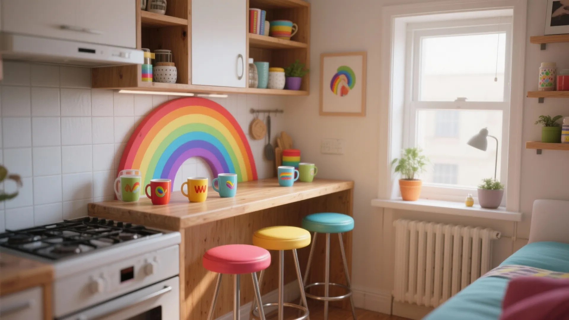 Small colorful kitchen breakfast bar with three stools rainbow wall decor and bright morning light