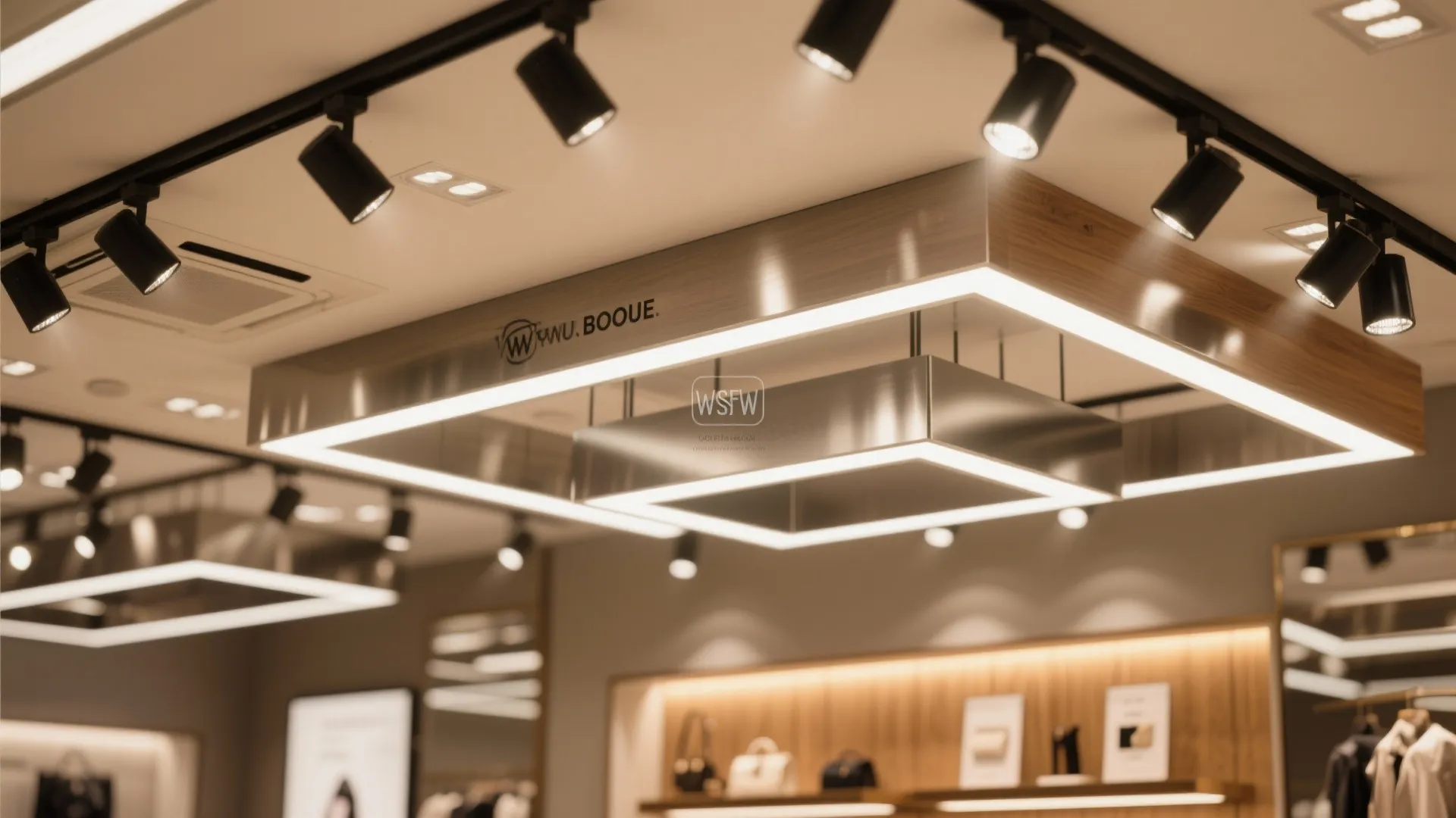 Modern ceiling light fixtures with black spotlights and square LED panels in a clothing store