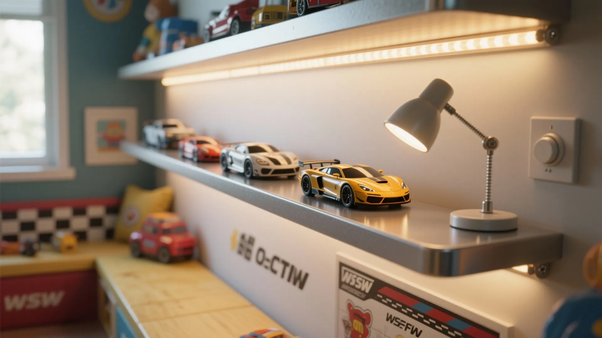 Yellow toy car on shelf illuminated by small desk lamp and warm LED strip light