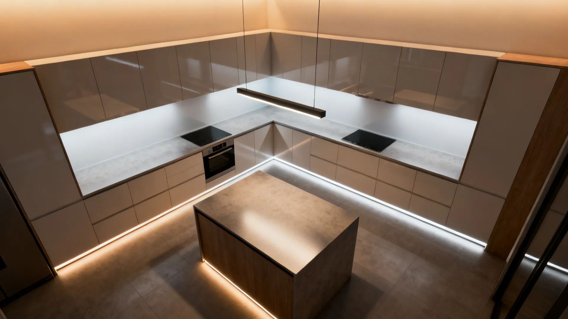 Top-down view of layered kitchen lighting with ceiling wash, under-cabinet task, and toe-kick glow.