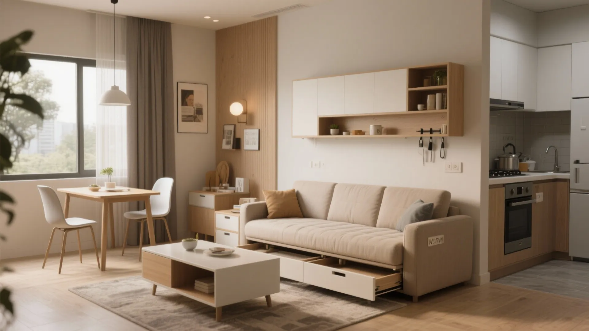 Adaptive living room: sofa-bed + foldable dining