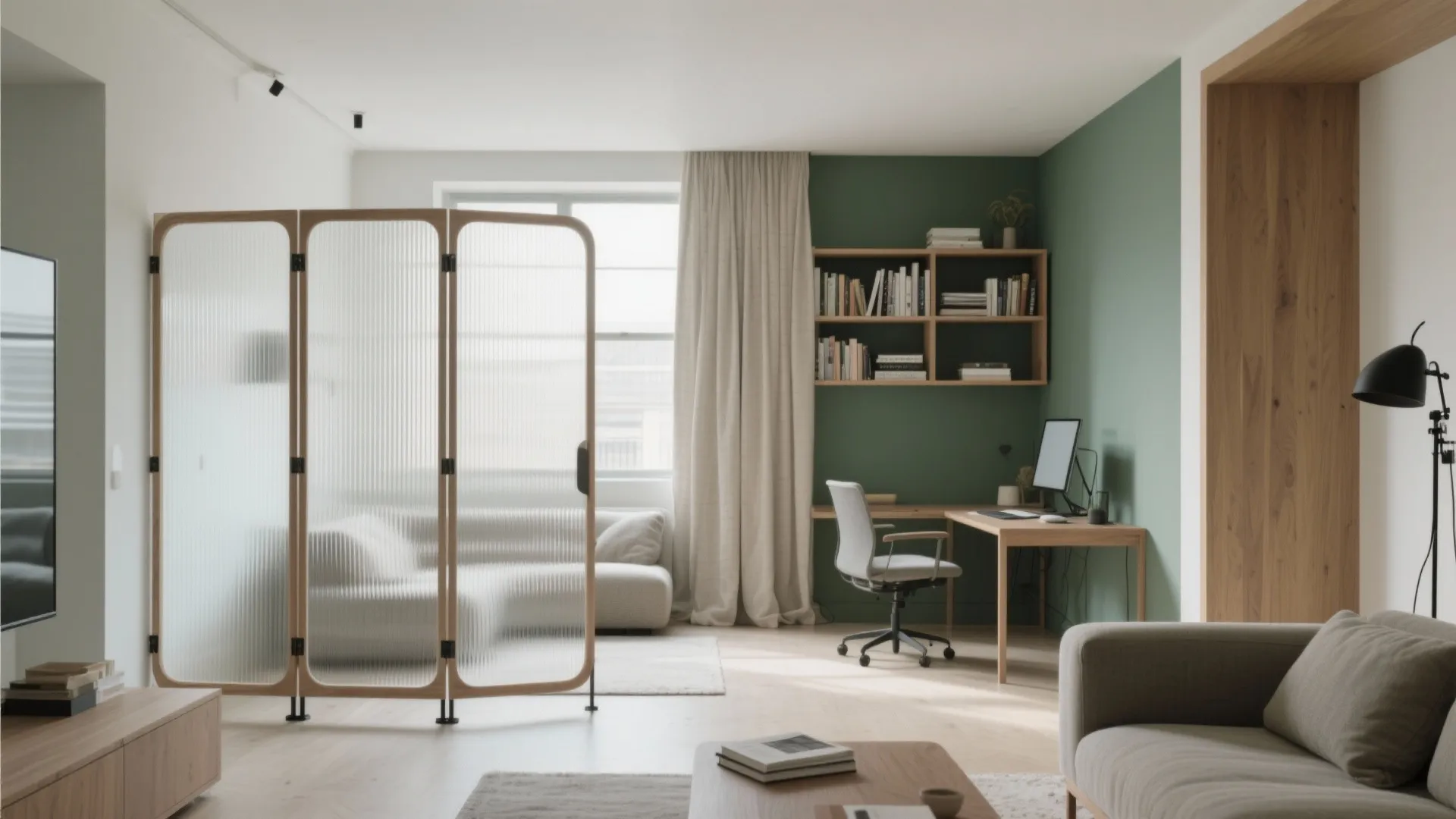 Modern living room with glass room divider green office wall wooden desk chair and sofa