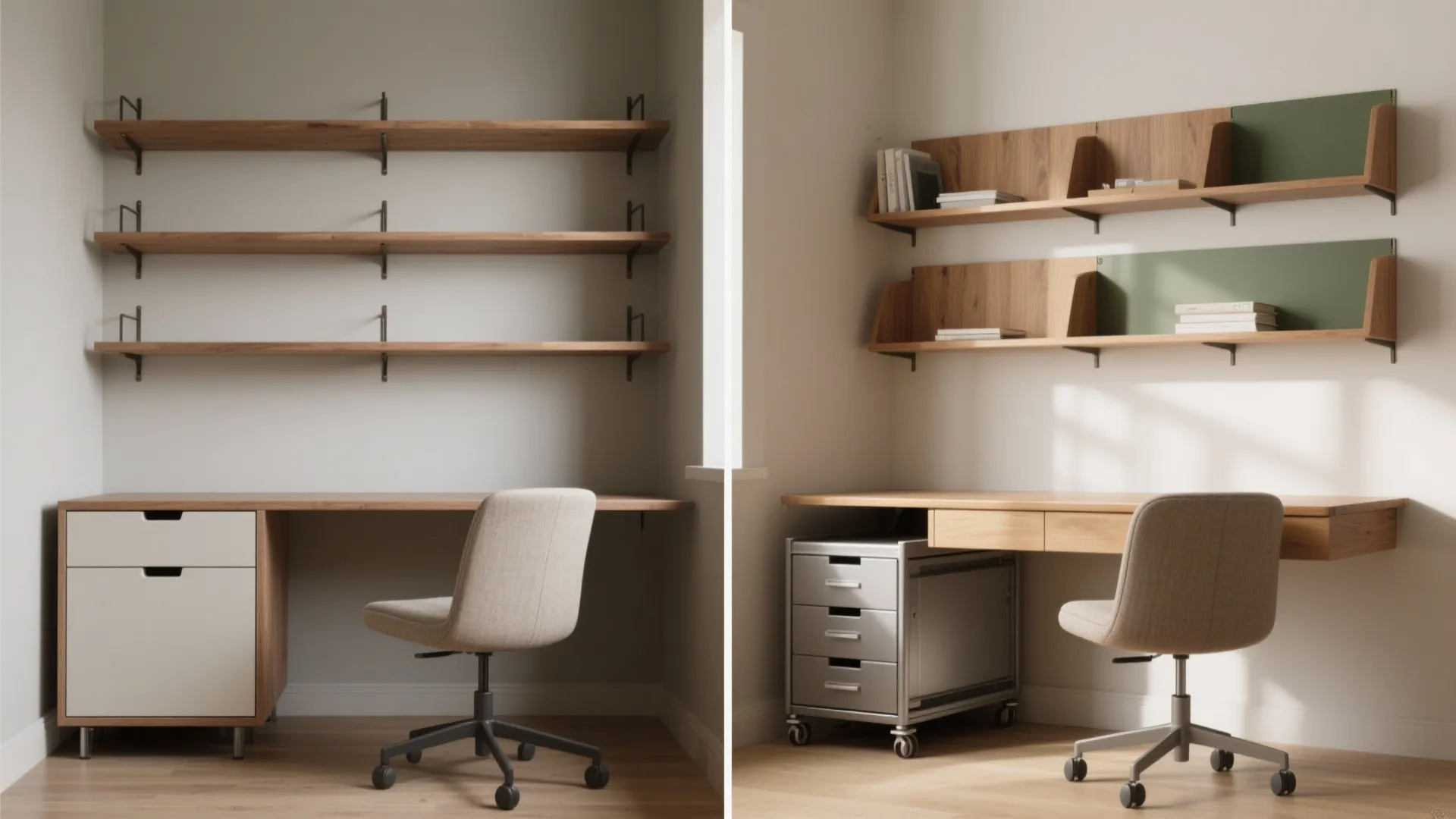 Home office layout comparison with wooden desks, wall shelves, grey chairs and different storage options