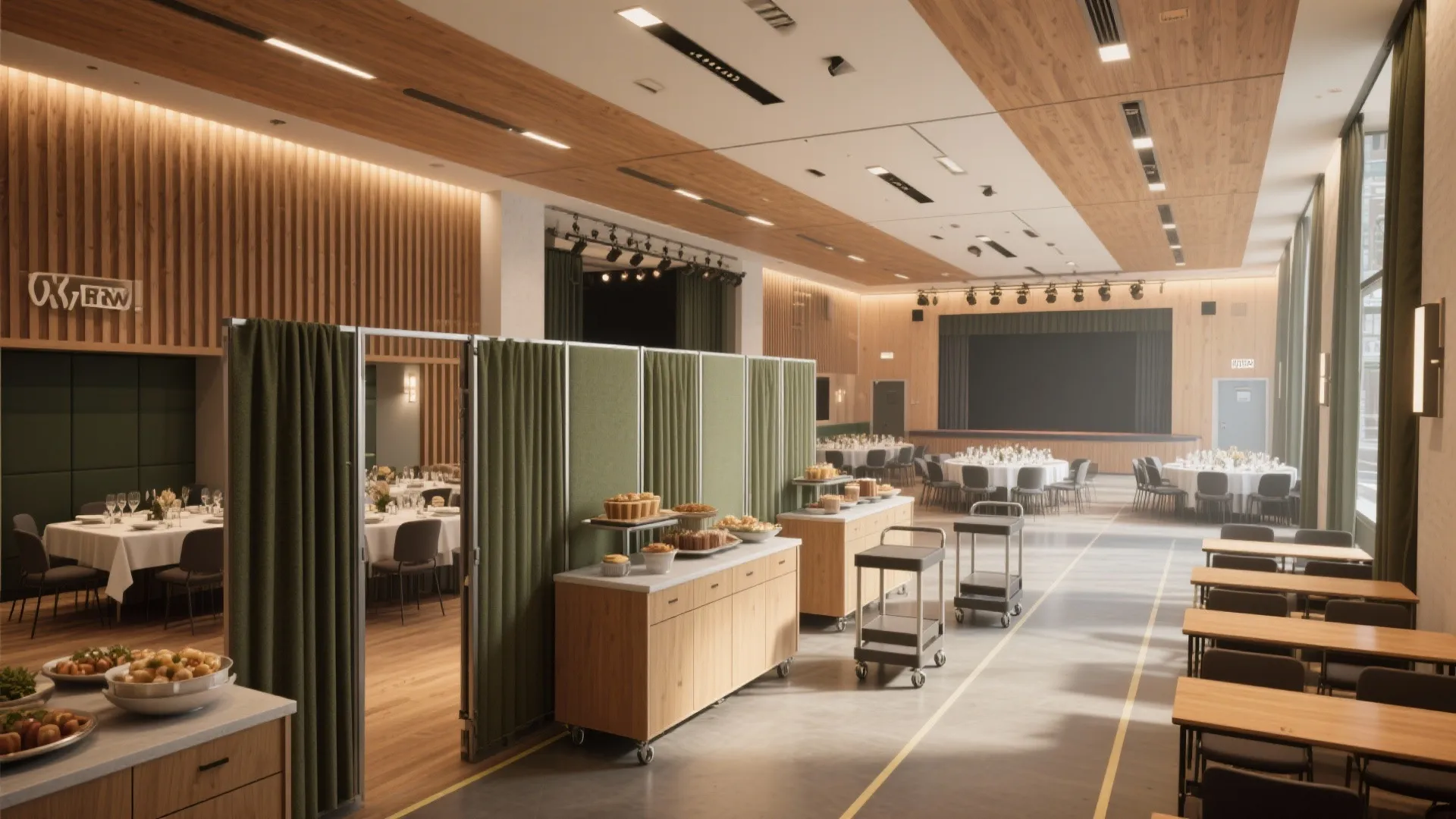 Hall with round dining tables, wooden wall panels, green dividers and buffet food service area