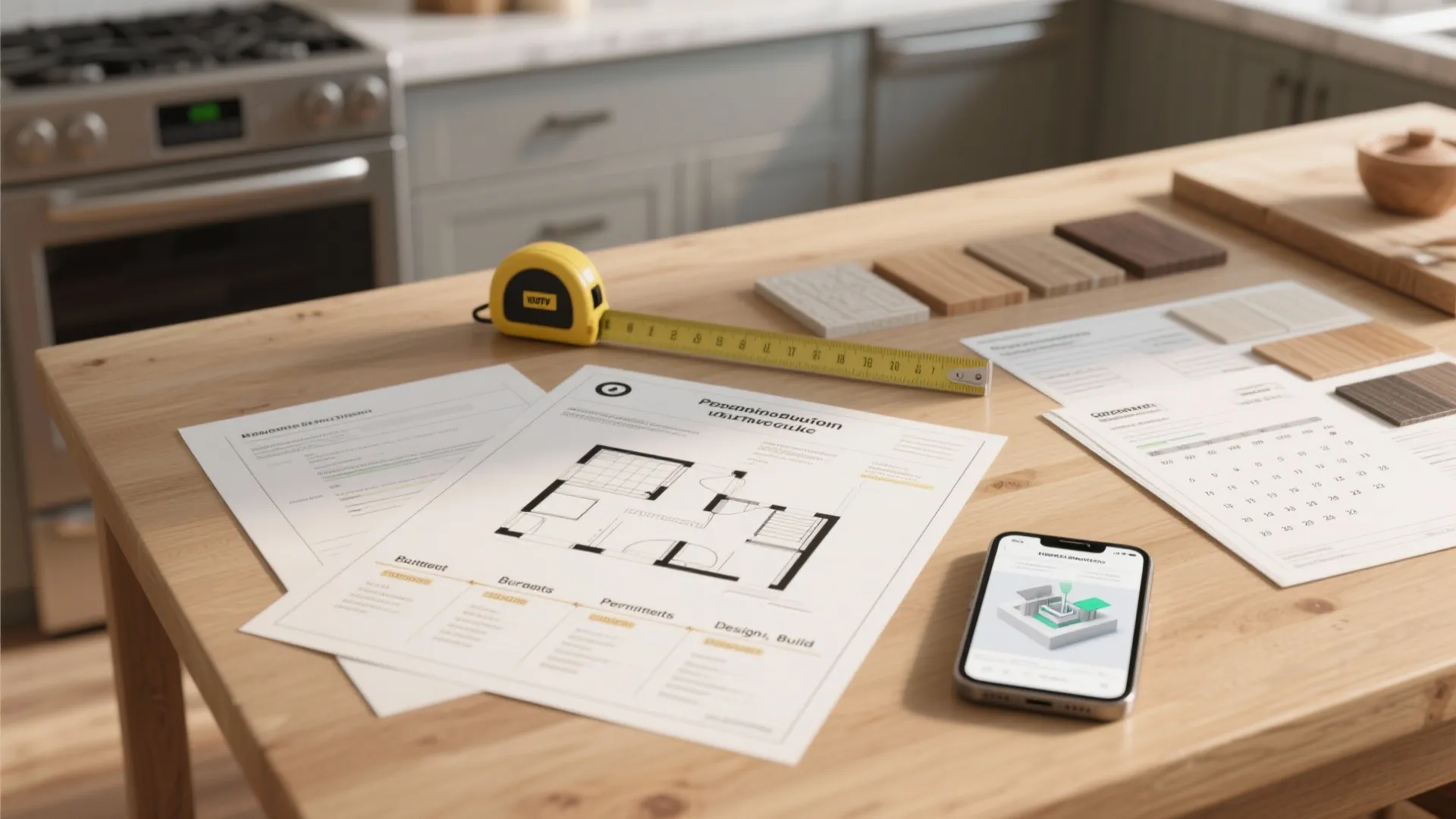 Floor plan paper measuring tape wood samples and smartphone on a wooden kitchen counter top