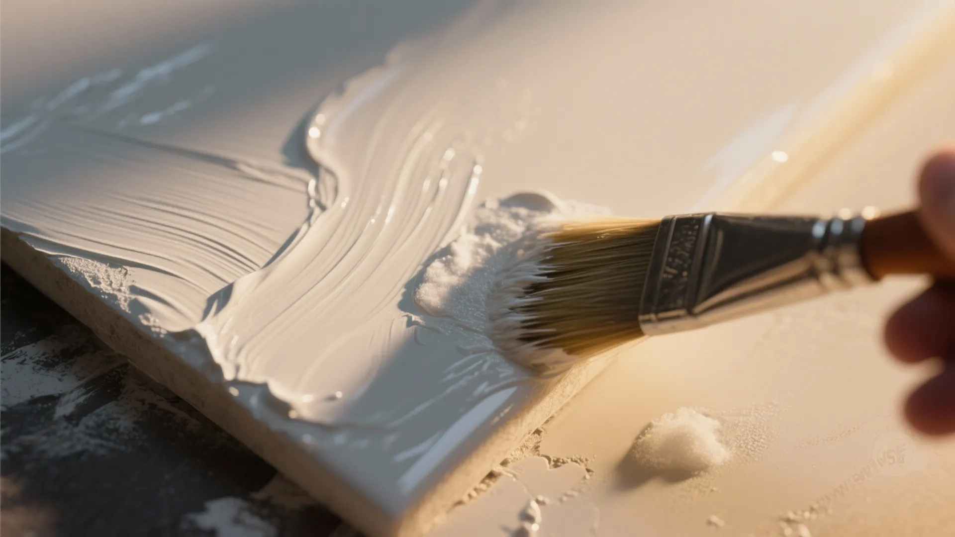 Close up view of white thick paint being applied to a board with a brush