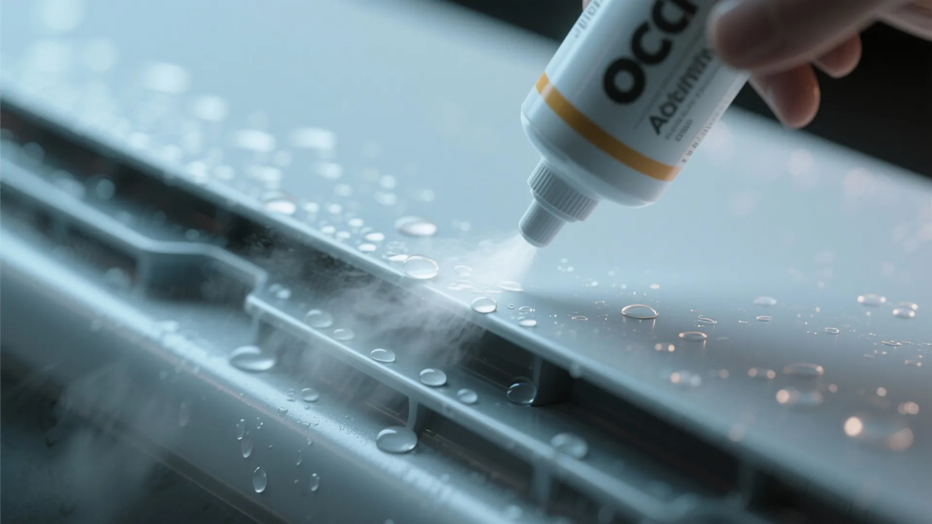 Hand spraying liquid from a small white bottle onto a grey surface covered in droplets