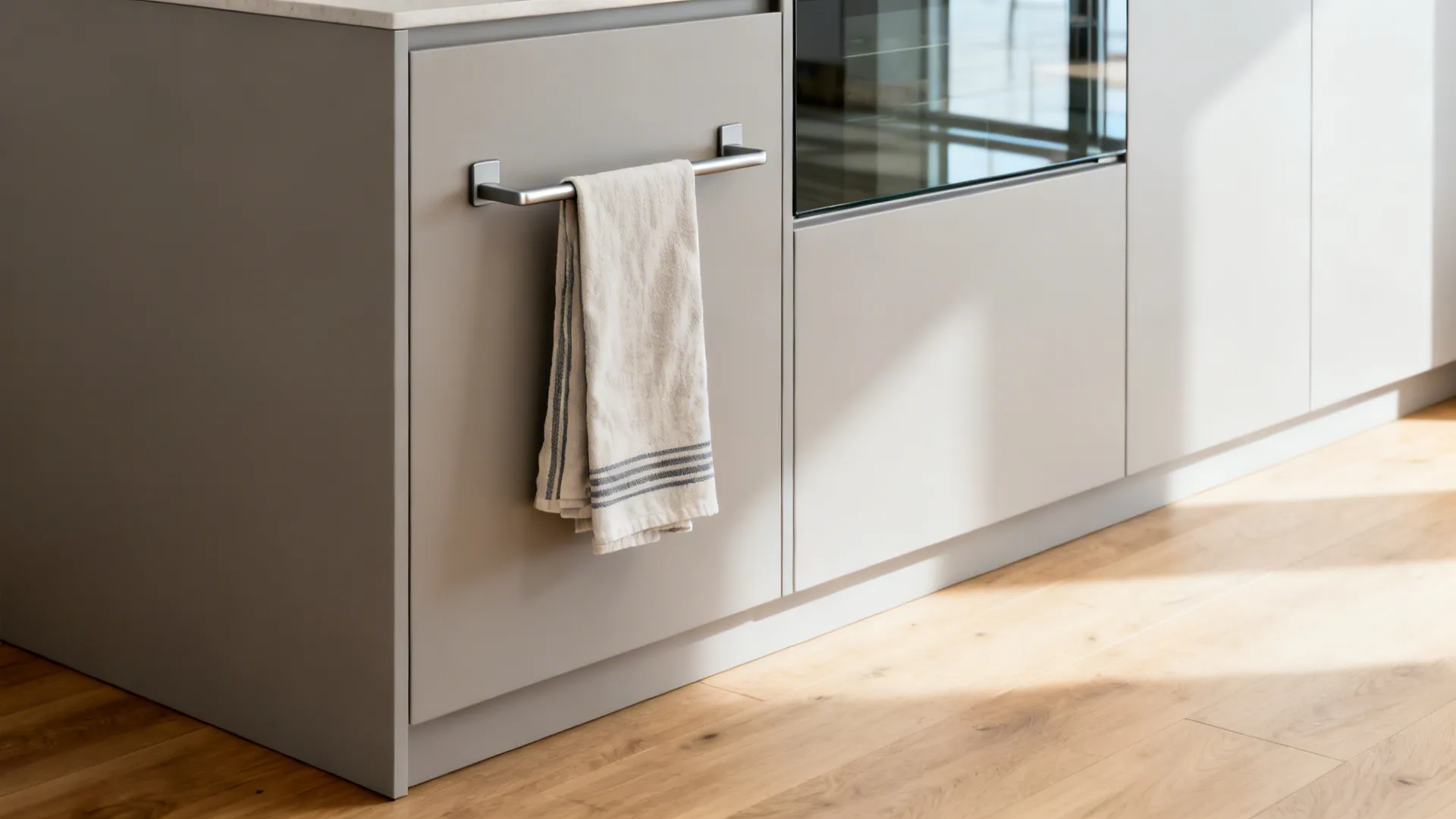 Adhesive fold-down towel rack on a cabinet side panel holding a tea towel in a small kitchen.
