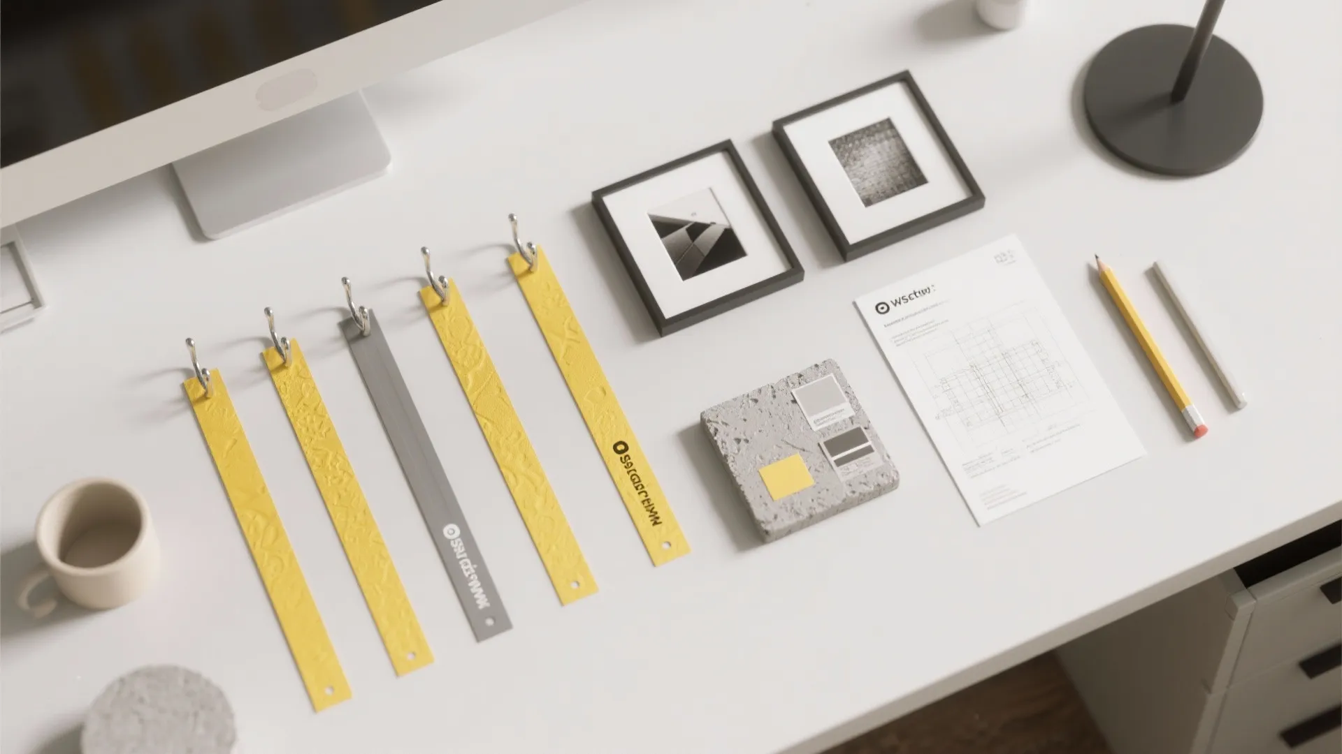 Office desk showing yellow adhesive wall hooks along with interior design drawings and small frames