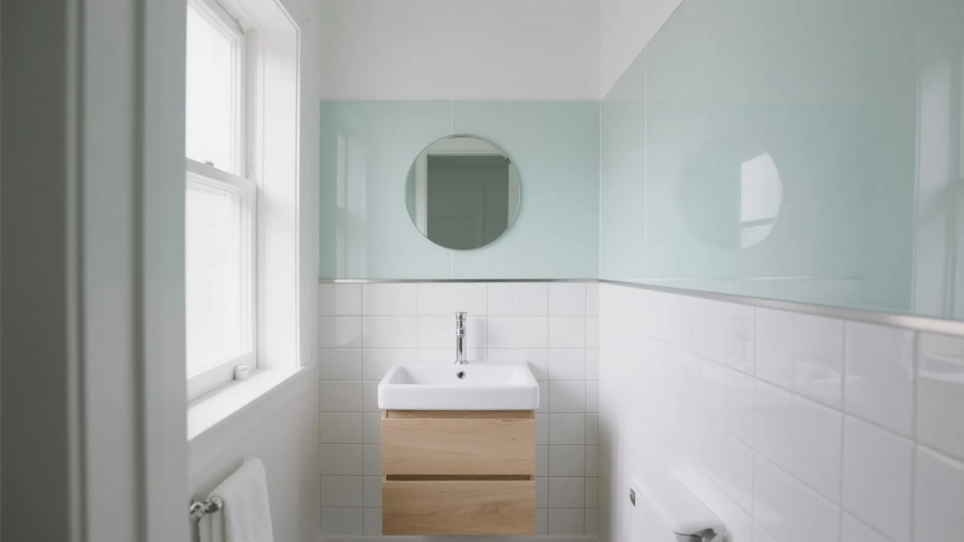 Modern bathroom with light blue wall panels round mirror white sink wood cabinet and tiles