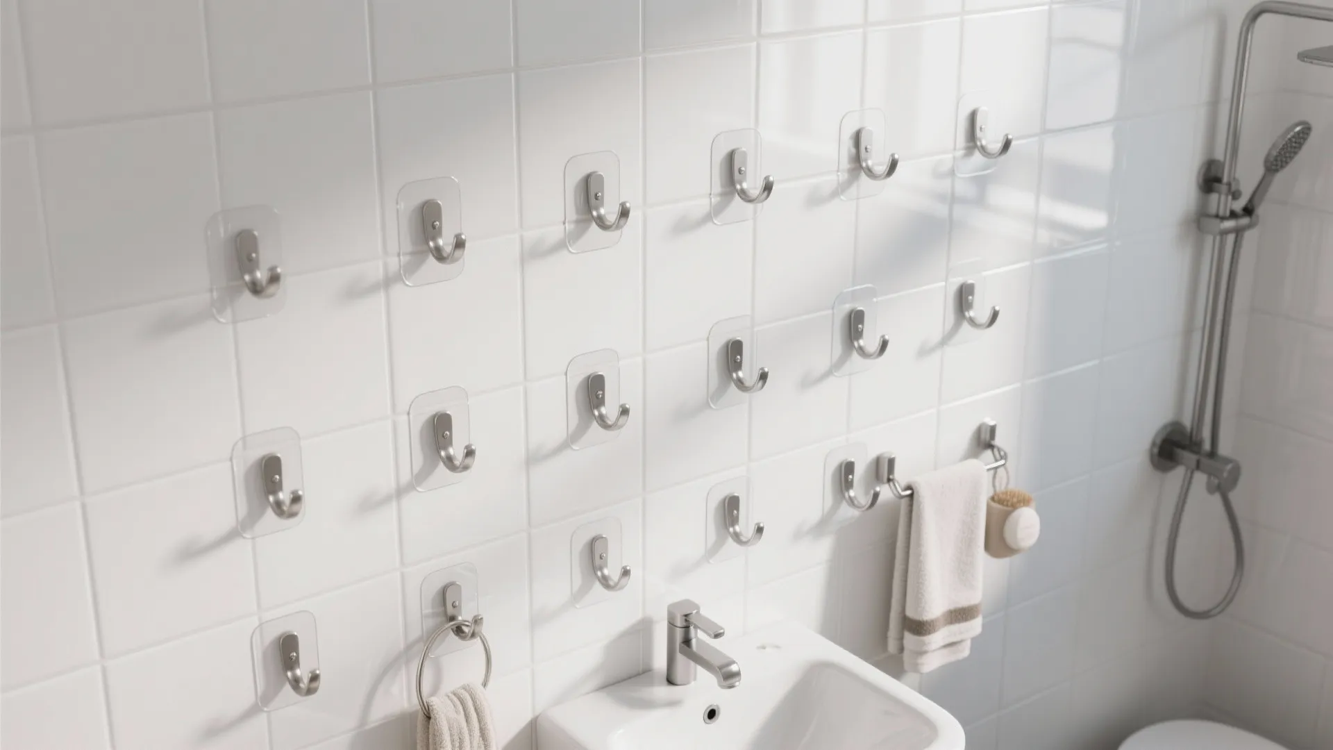 3) Adhesive hook grid for tiled walls