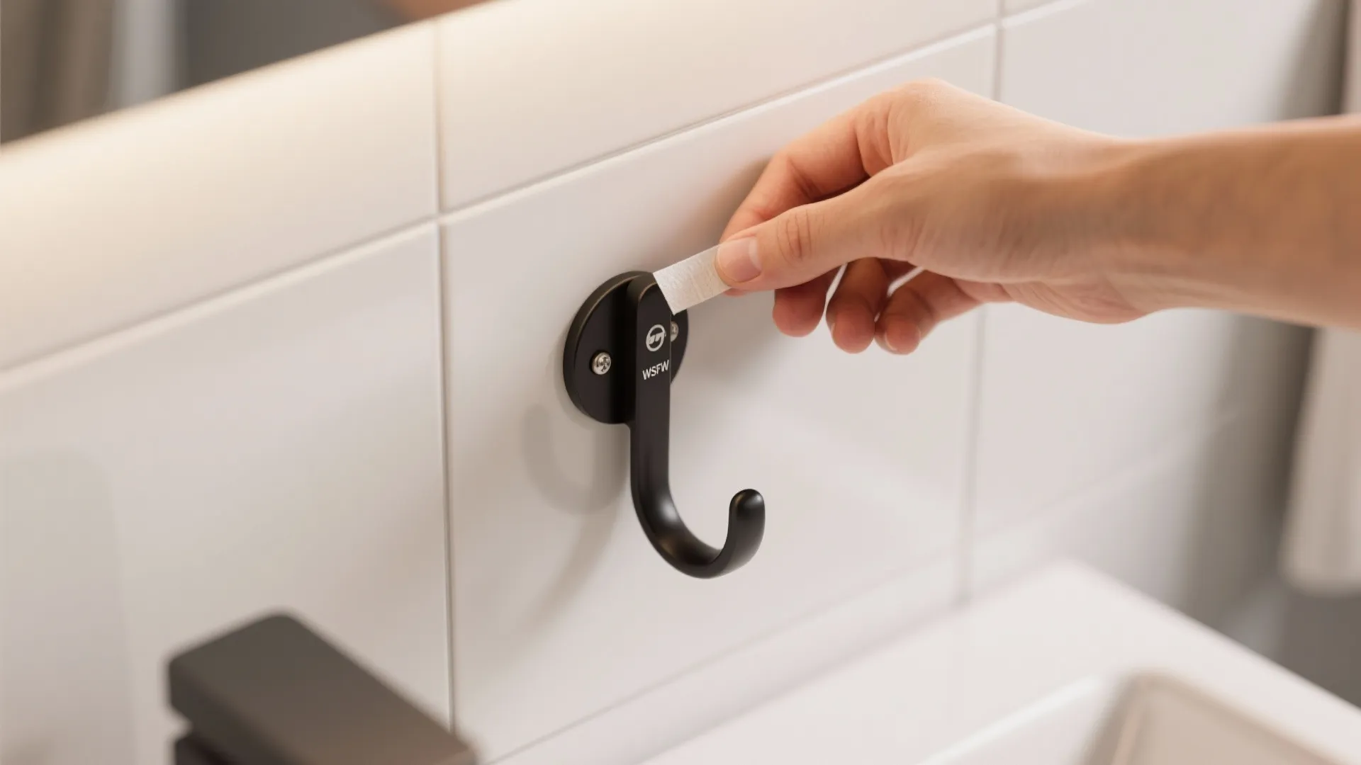 Top-down view of installing a black adhesive hook on a smooth bathroom backsplash.