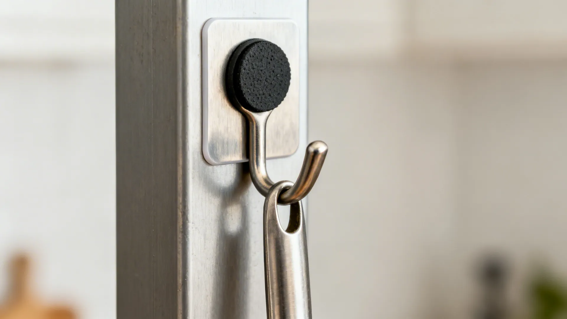Macro of removable adhesive hook on a vertical rail holding a kitchen utensil.