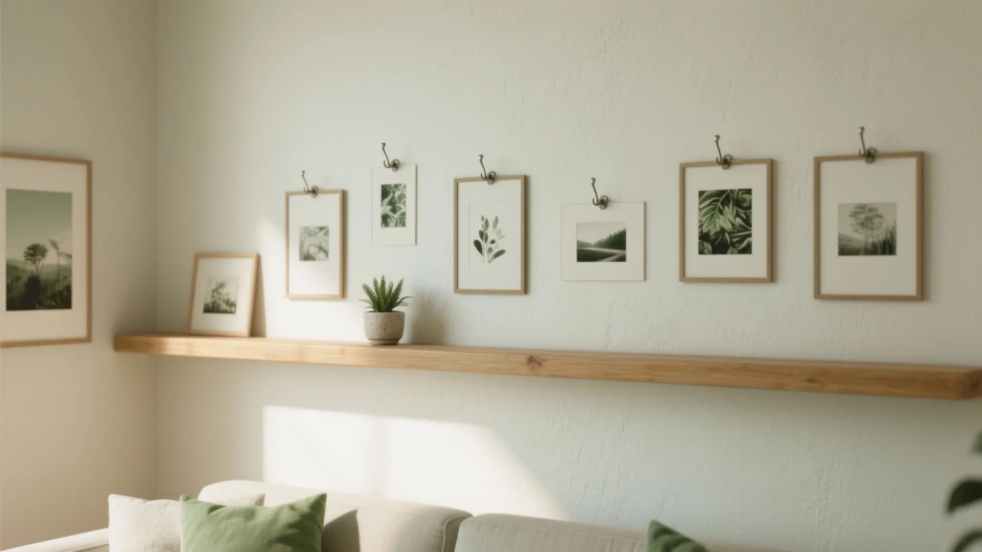 Minimalist wall with wooden shelf green plant and botanical framed pictures hanging on small hooks