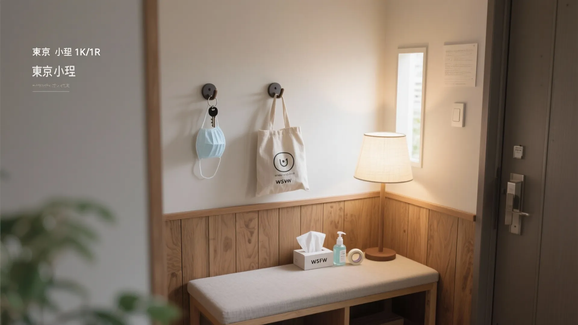 壁を傷つけない貼付けフックで“面”を活かす（東京小戸型 × 日式風格）