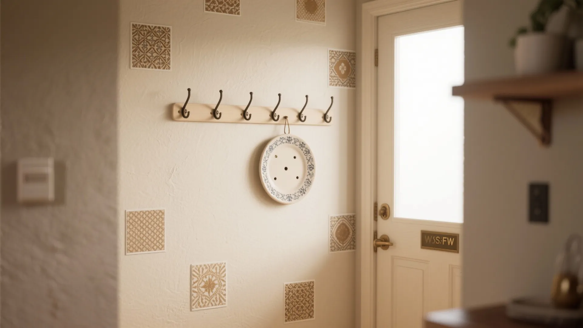 Entry wall with removable adhesive hooks and a decorative plate concealing multiple nail holes in a small space.