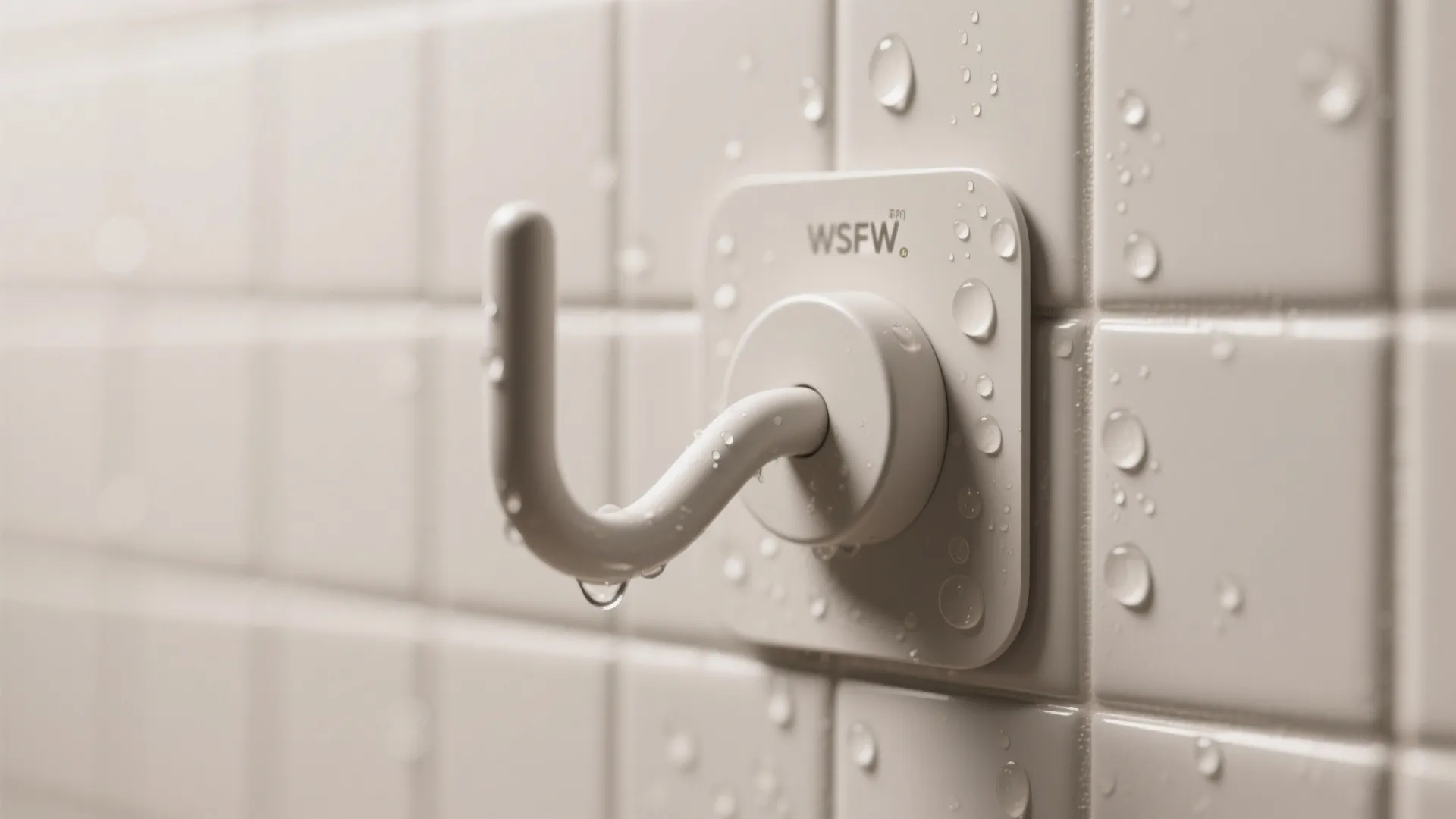 White plastic adhesive wall hook mounted on wet beige tiles with water droplets in a bathroom