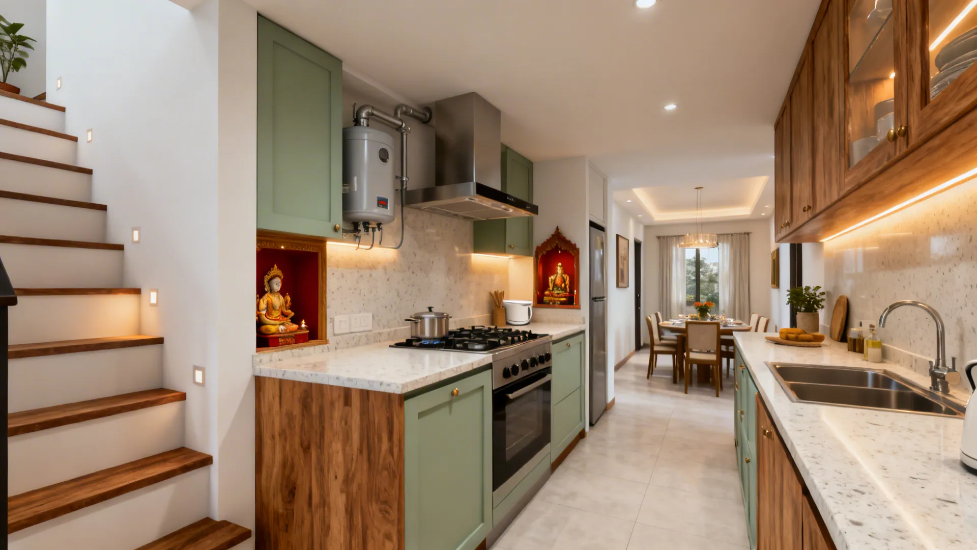 Under-stair kitchen with buffered wet wall, puja set away, and clear path to dining.