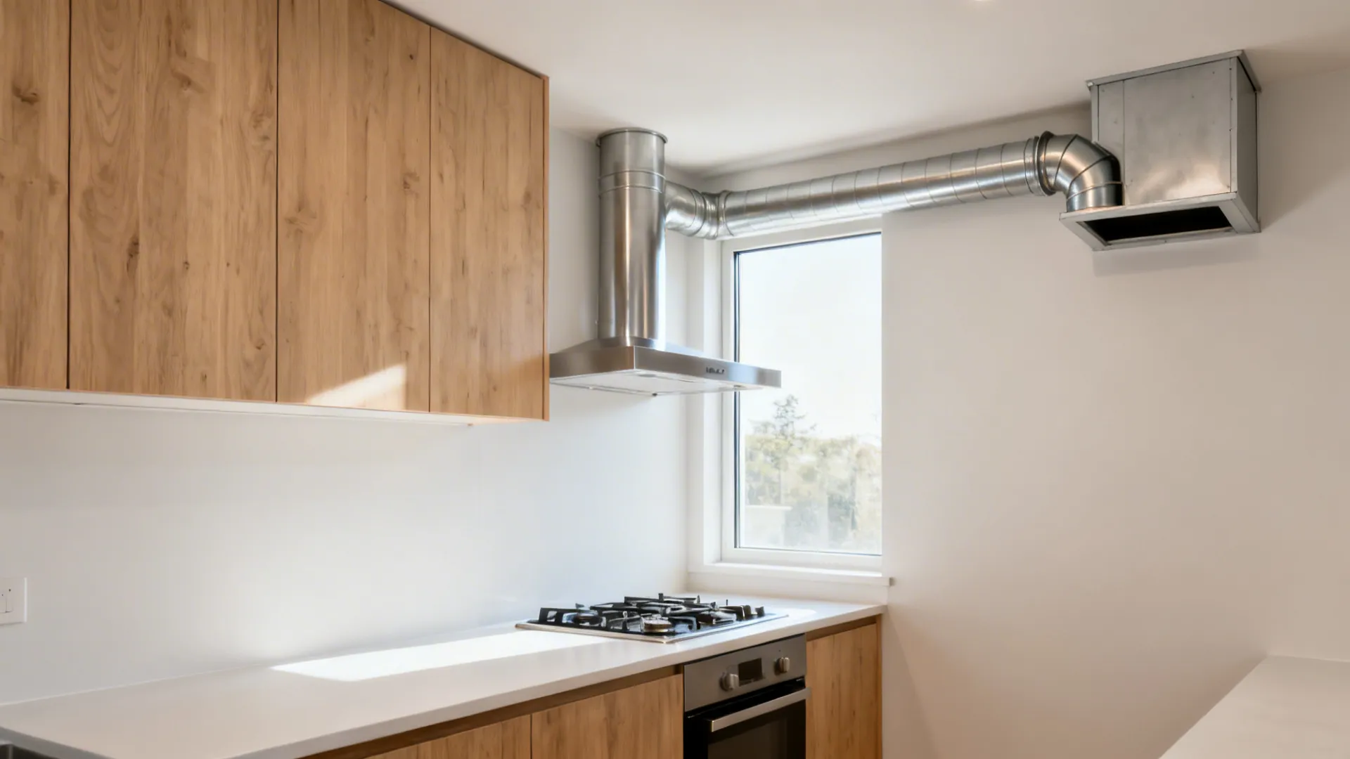 Compact kitchen with a corner window and adjacent stainless ducted hood with a short duct run.